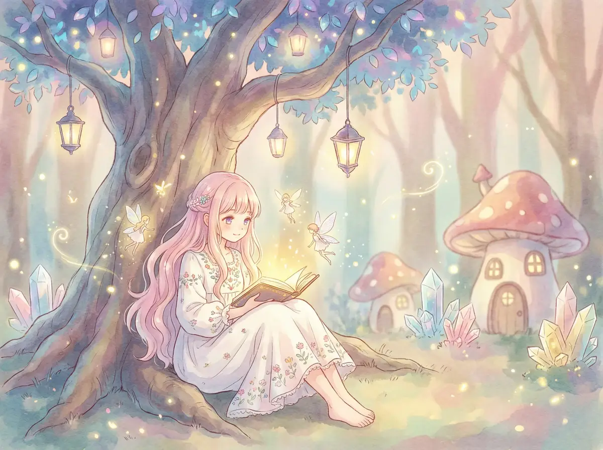 大小江湖 - 魔法森林中阅读故事书的粉发少女与精灵